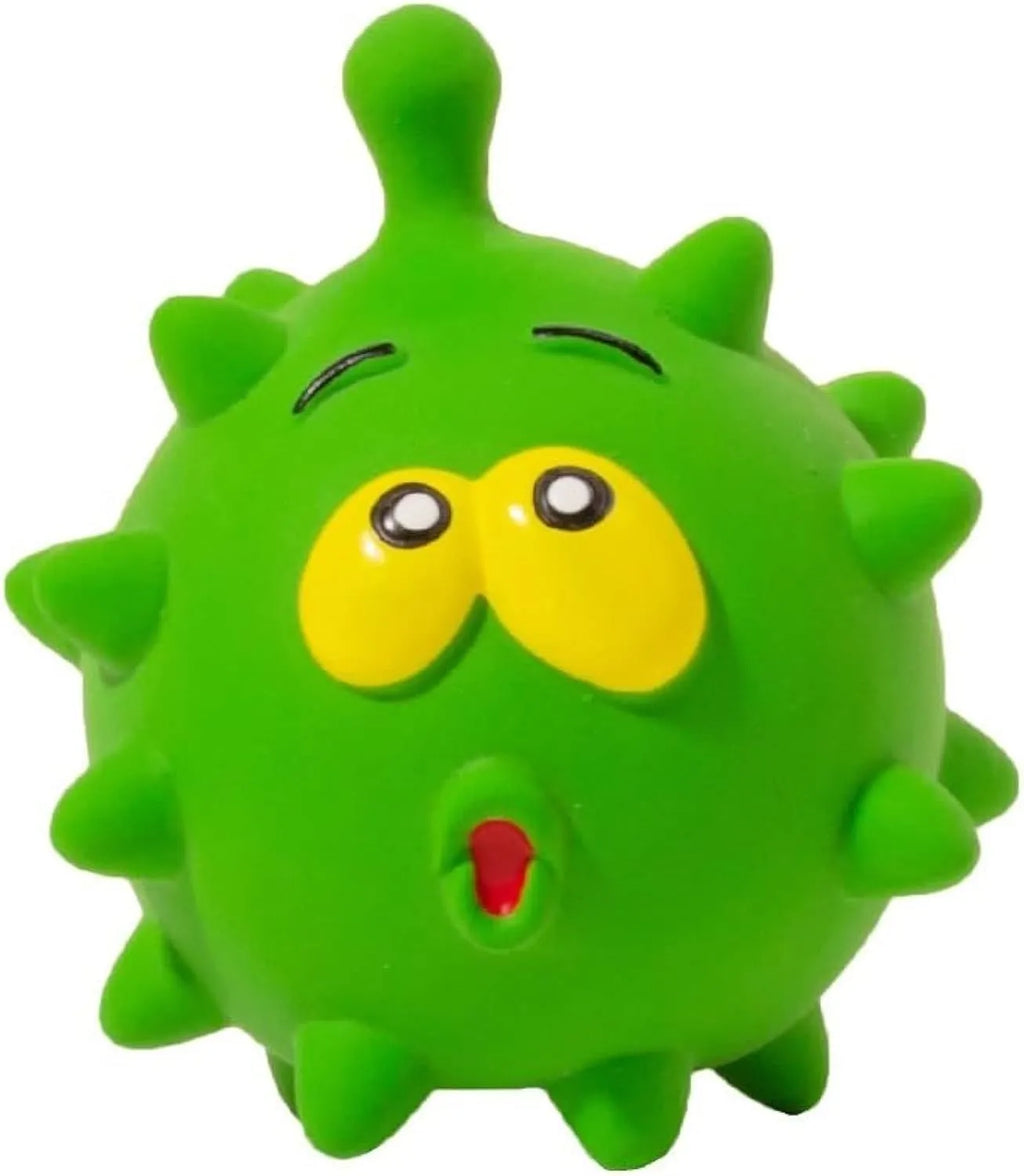 Four coloured natural latex squeaky dog balls with cute faces measuring 7.5cm