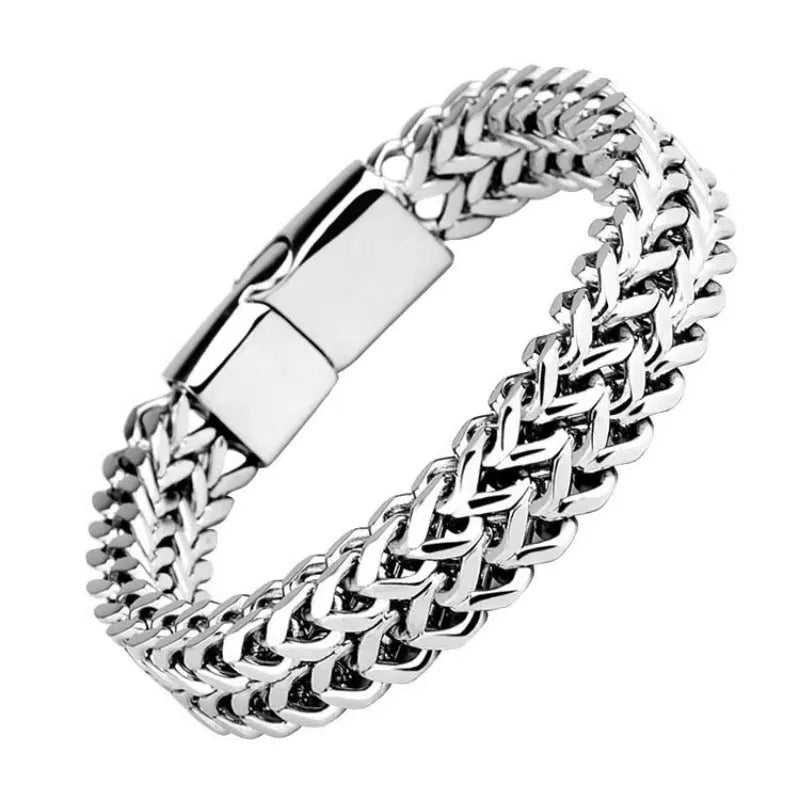 Geometric stainless steel bracelet with front and back detailing in silver colour