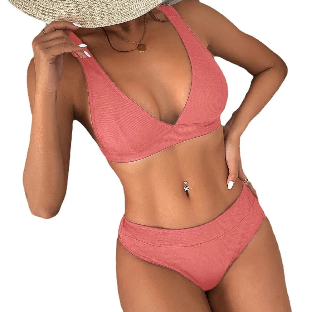 Women's lace-up front bikini swimwear set in high-waist split style