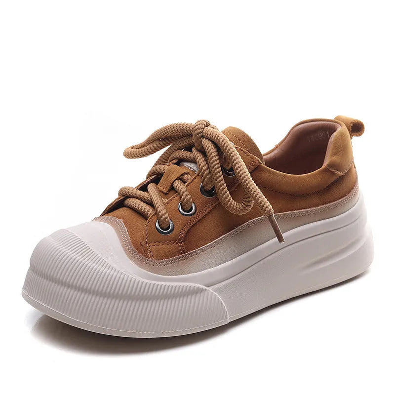Women's cameo brown leather lace-up casual shoes with round toe and rubber sole