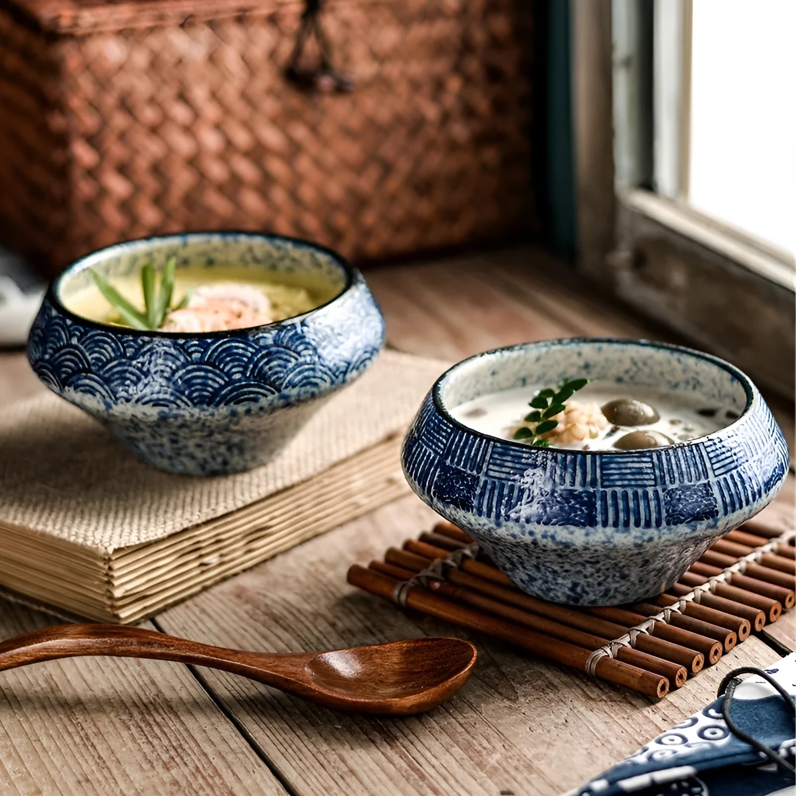 Tall porcelain Japanese soup bowl with stone conch shape and underglaze retro pattern.