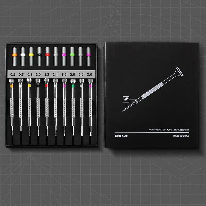 Boxed set of 10 manual screwdrivers and 20 spare bits for watch and glasses repair.