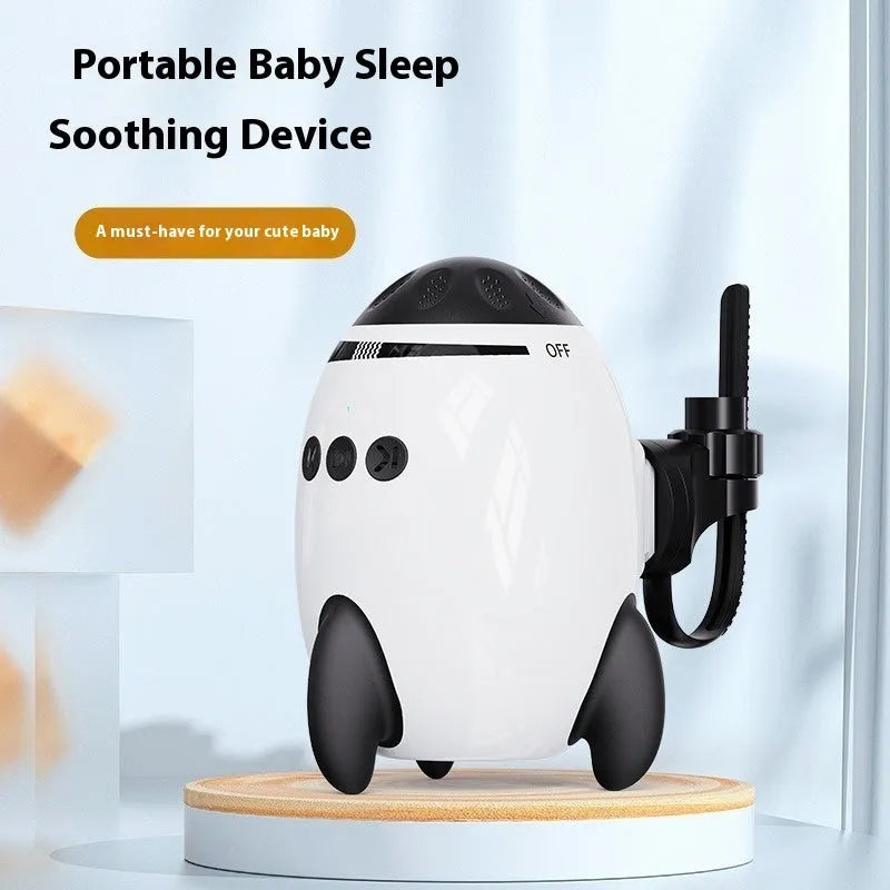 White portable baby stroller shaking device with Bluetooth for white noise, measuring 12 by 9.3 by 8 cm.