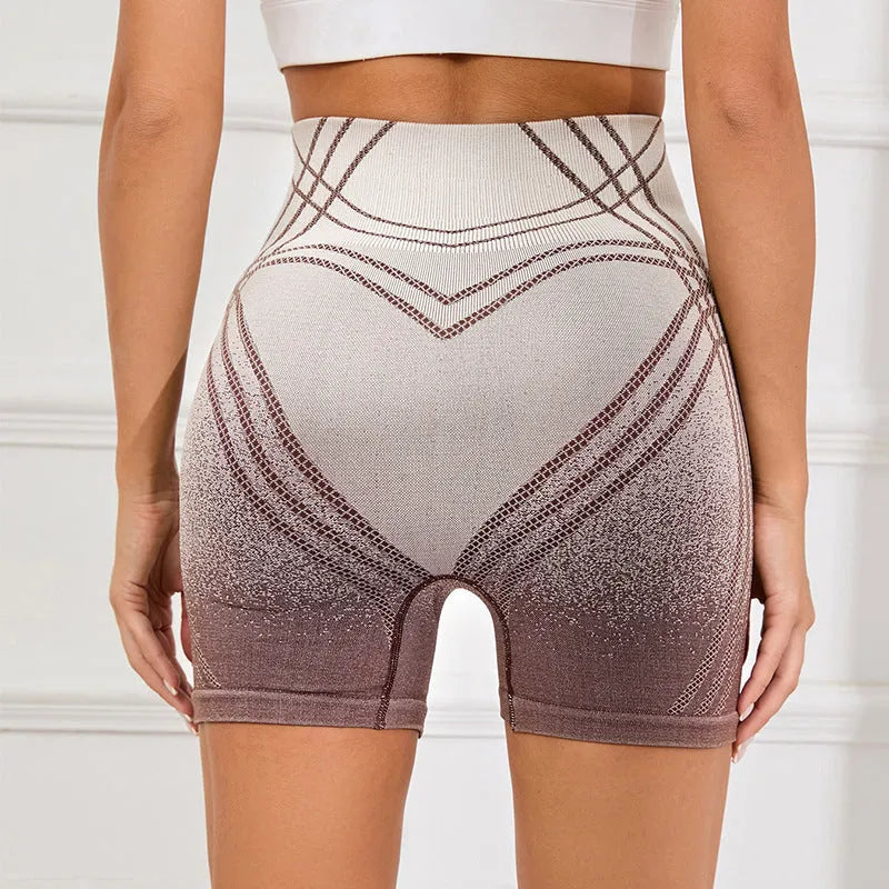 Women's brown gradient high-waisted fitness shorts for yoga and running.