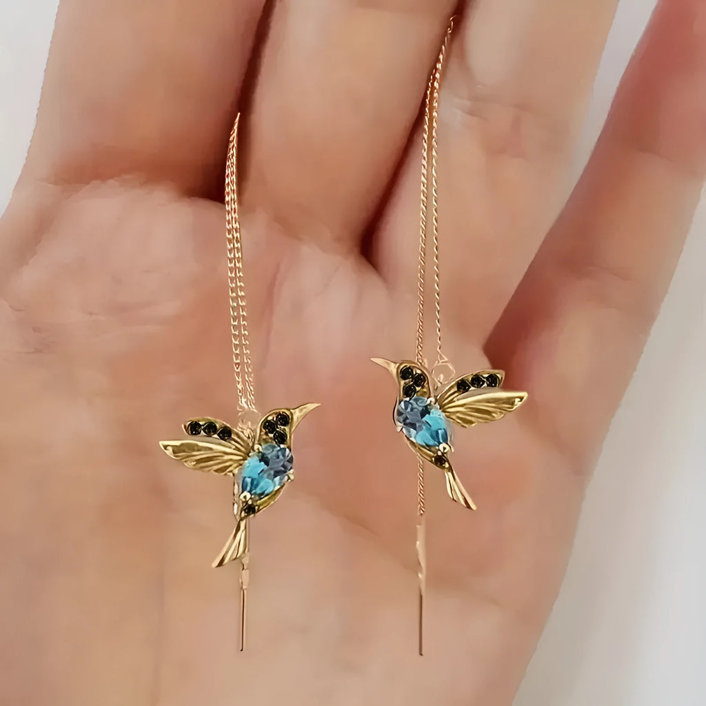 Bird hanging long drop earrings with mixed zirconium wings in blue, red, and red lvzuan colour options