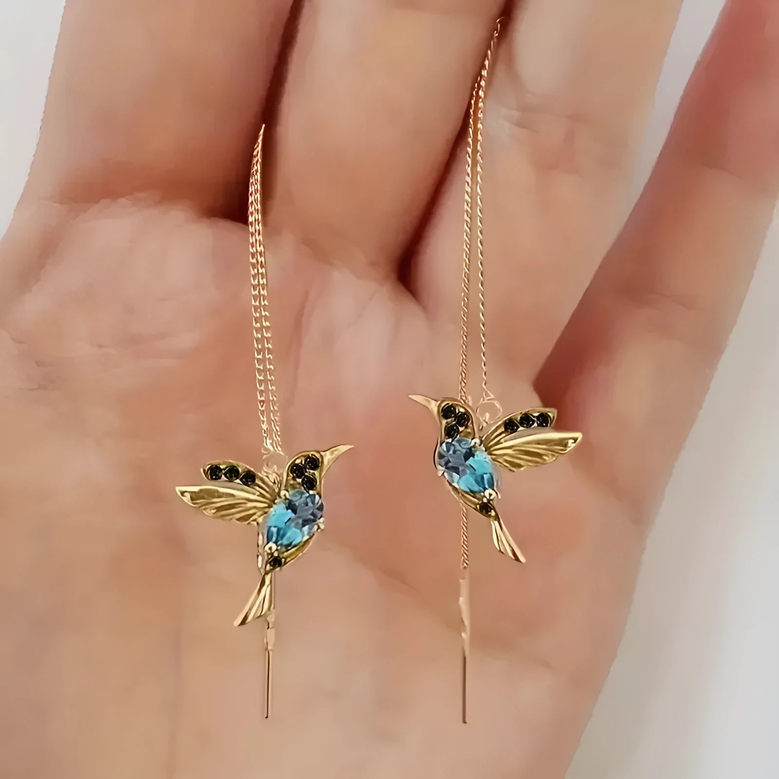 Bird hanging long drop earrings with mixed zirconium wings in blue, red, and red lvzuan colour options