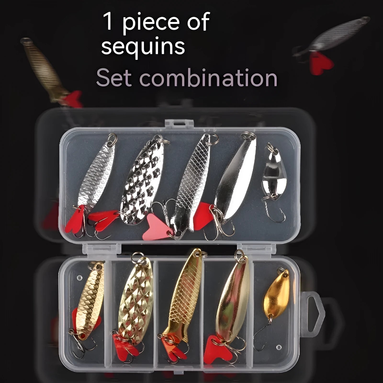 Pineapple sequin fishing lures in gold and silver colours with metal sequins on iron false bait bodies