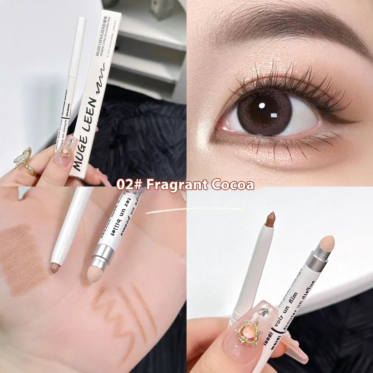 Waterproof eye shadow pen in a display showing its range of 16 colours including beige, pink, gold, and purple.