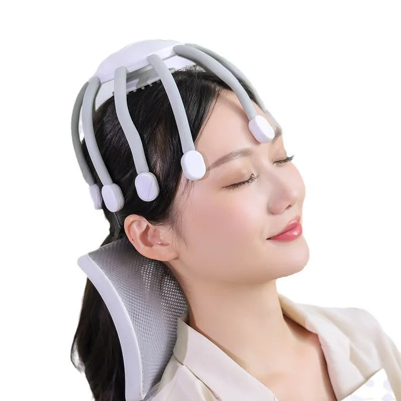 USB head massager with silicone claws showing black and white colour options
