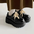Women's matte black retro lace-up shoes with thick sole and 6-8cm heel