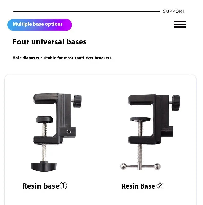 Black foldable desktop cantilever bracket with adjustable arm holding tablet