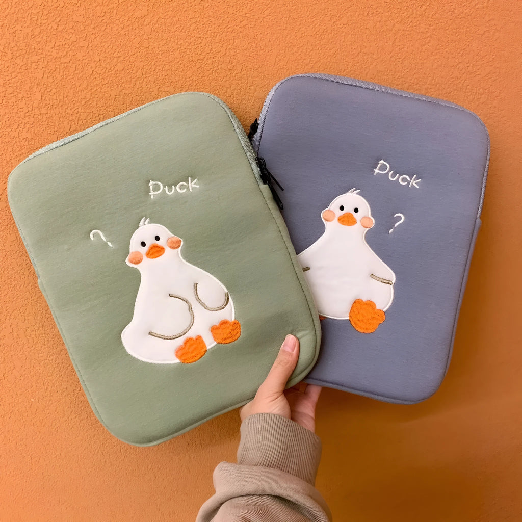 Blue cotton tablet case with cartoon duck embroidery design and zipper closure
