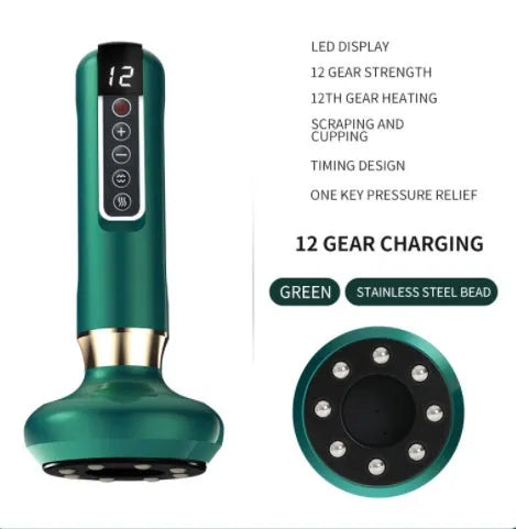 Green electric vacuum cupping massager with gua sha head on a white background.
