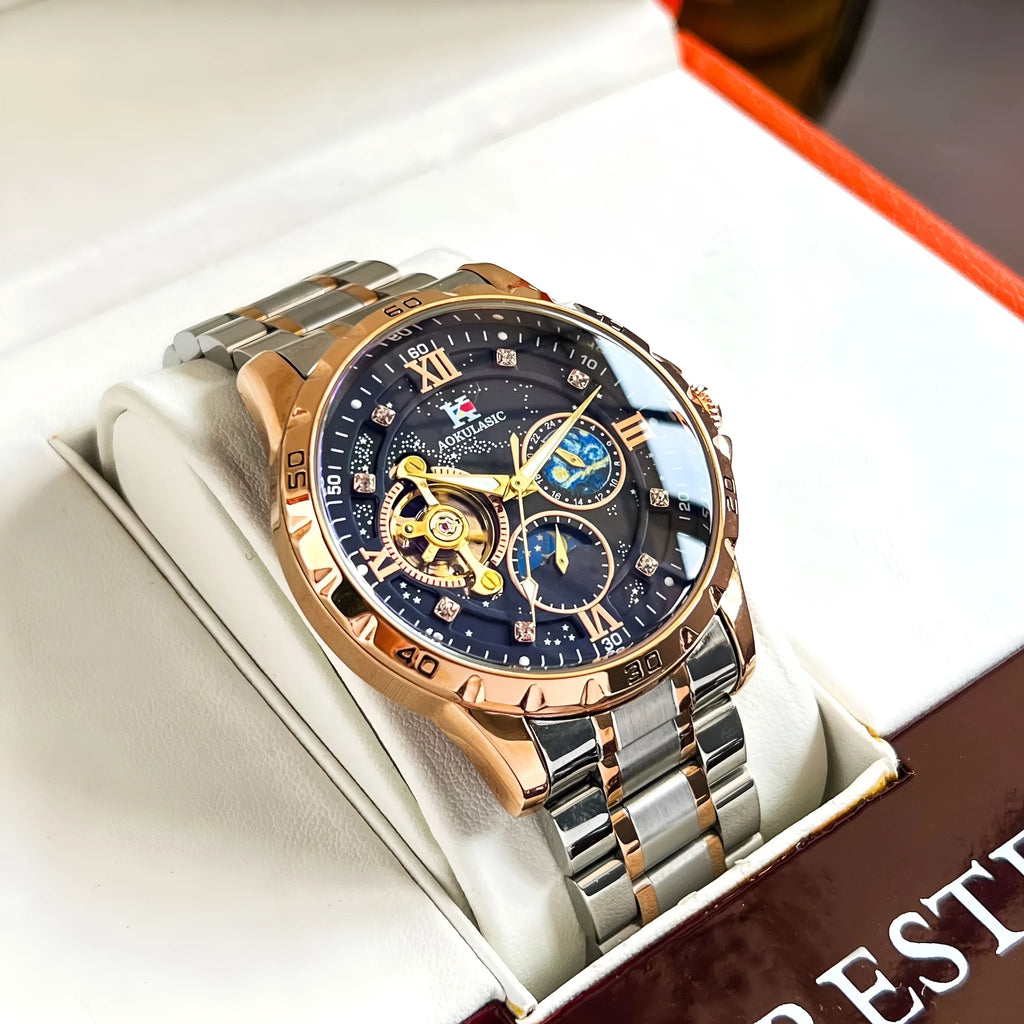 Men's automatic mechanical watch with rose gold case and large black dial