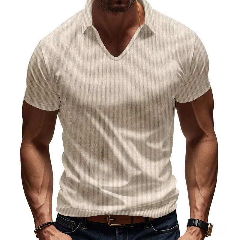 Men's loose fit V-neck short sleeve t-shirt in light grey cotton blend fabric