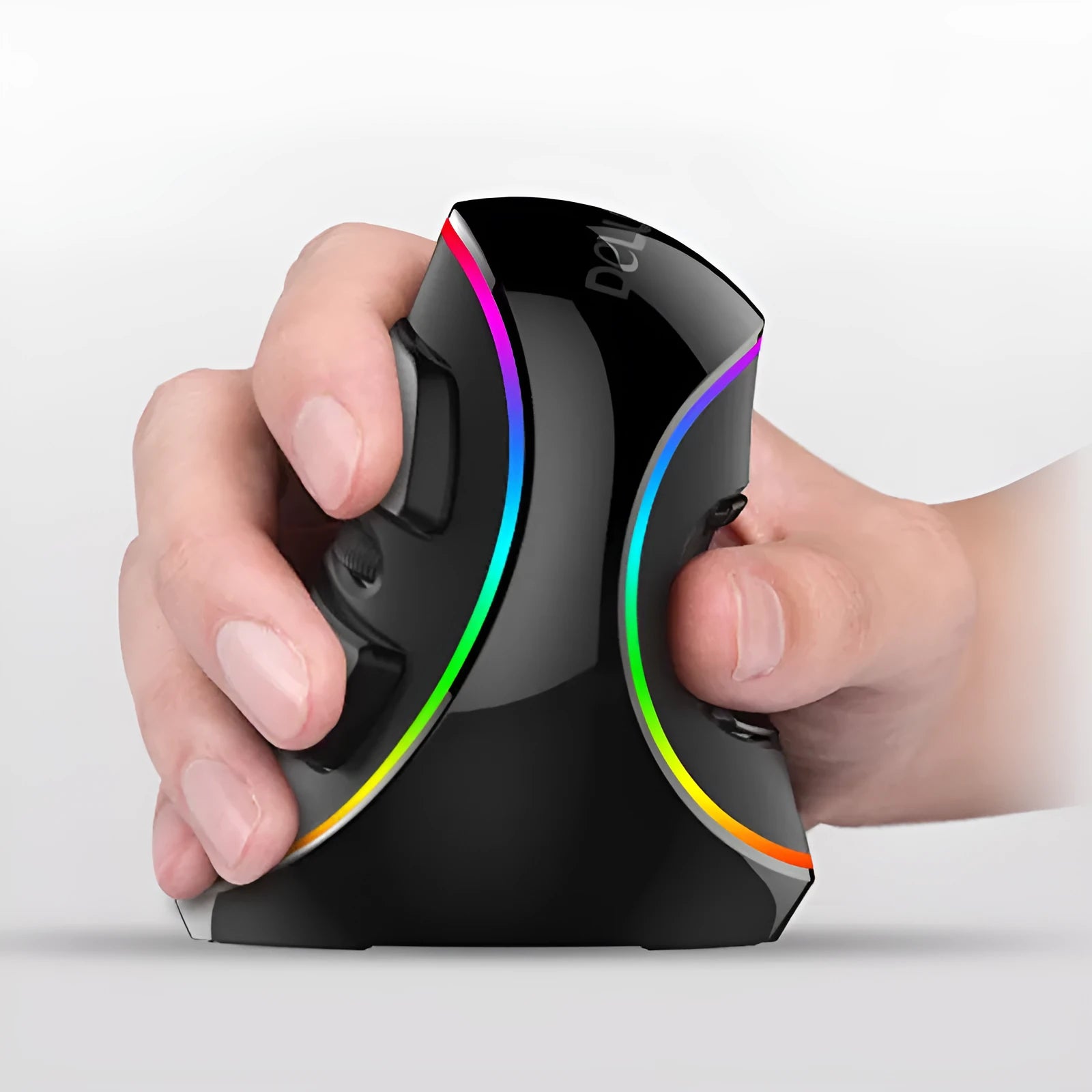 Vertical snail-shaped ergonomic computer mouse with RGB lighting and a USB cable.