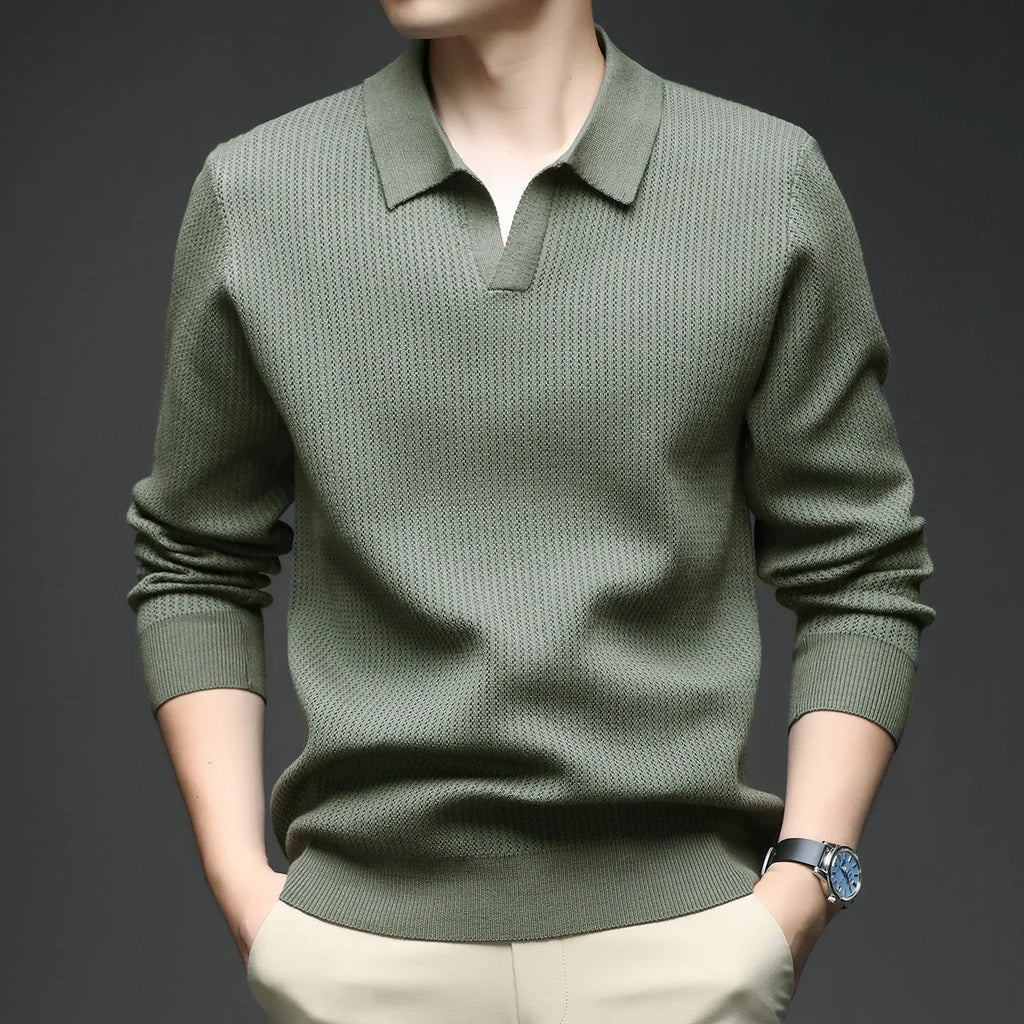 Men's loose fit casual pullover sweater in green, shown on a model.