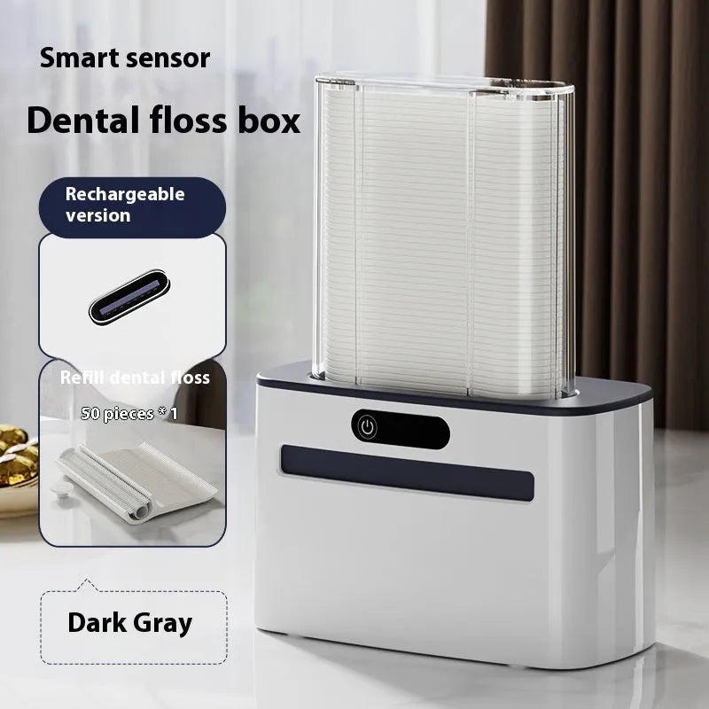 Automatic rechargeable dental floss box in dark grey, gold, and light grey colours with floss refill