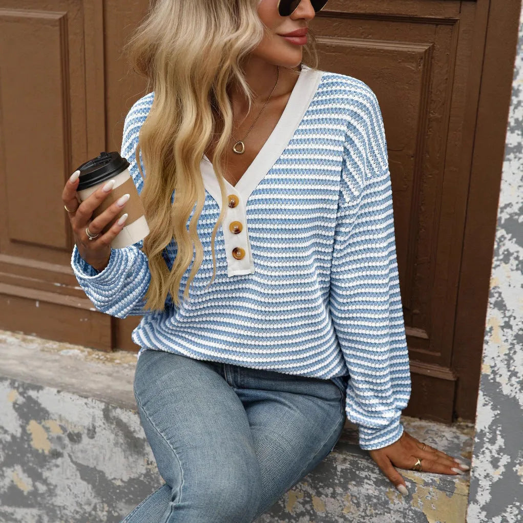 Women's loose fit V-neck long sleeve pullover top with patchwork design in apricot colour