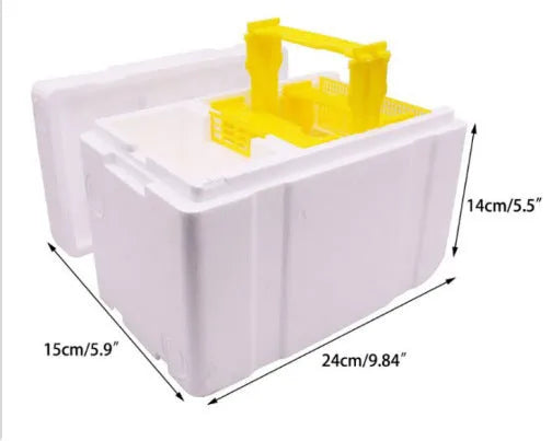 Three white EPS foam mini delivery boxes for beehive queen rearing.