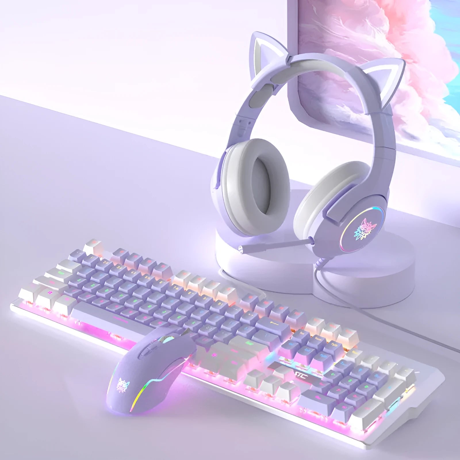 White and purple mechanical keyboard and mouse set with RGB backlight and gaming headset