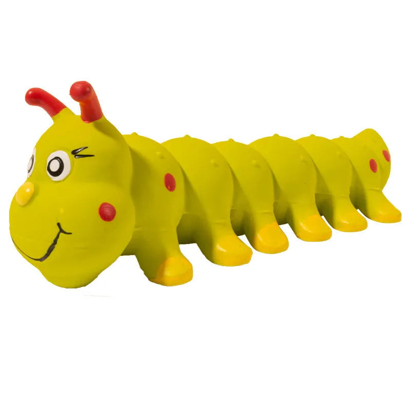 Yellow rubber caterpillar dog squeaky toy measuring 25.5 cm long