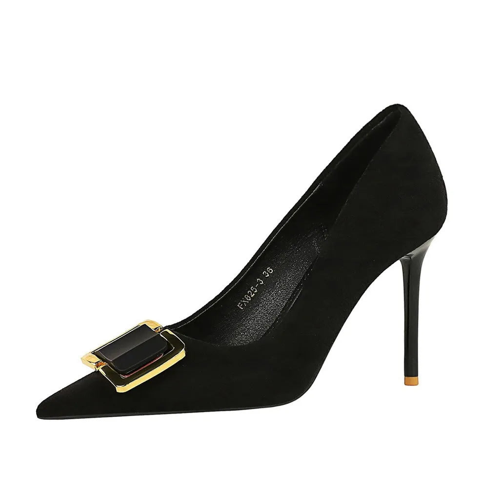 Black suede women's stiletto high heels with 9cm heel and pointed toe on a plain background.
