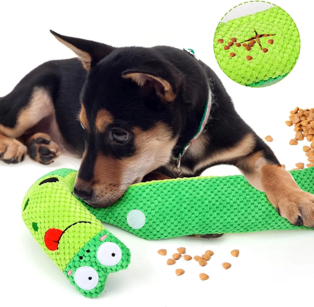Thick velvet dog puzzle toy with squeaker in snail shape showing hidden food holes