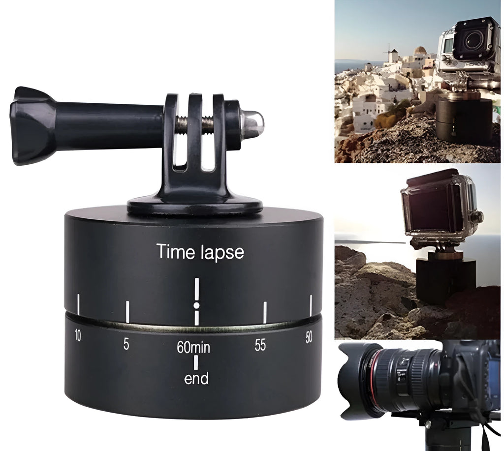 Lapse-compatible rotating tripod head base for automated camera panning on a video tripod.