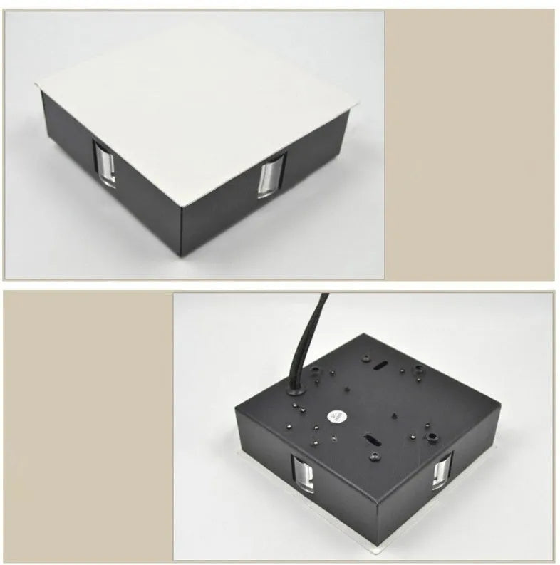Modern square and round aluminium LED wall light with iron shade in warm white or white.