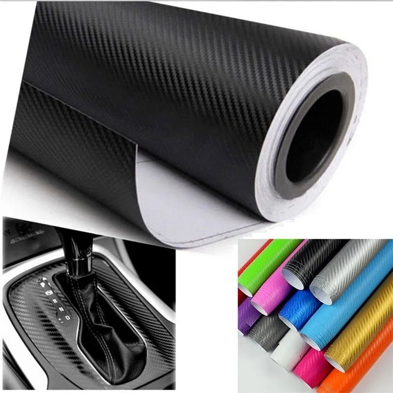3D carbon fibre car stickers in eight colours including black, silver, blue on 30x127cm sheet