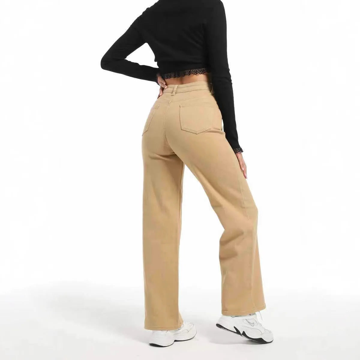 Women's autumn straight jeans wide leg style in apricot colour high waist cotton