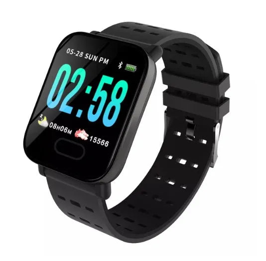 A6 smart fitness bracelet with colour screen shown on a wrist, available with black, blue, or orange silicone strap.