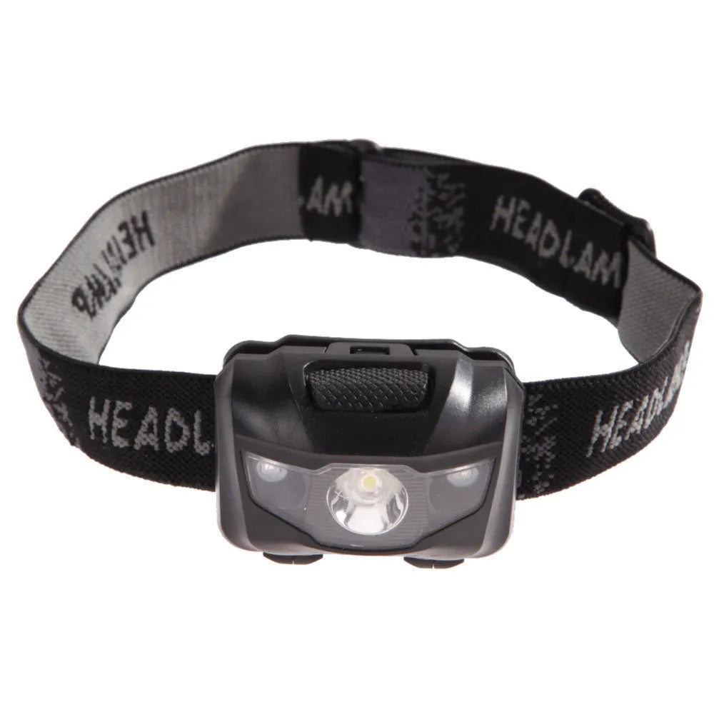 Black outdoor headlight with white and red LEDs mounted on an adjustable head strap.