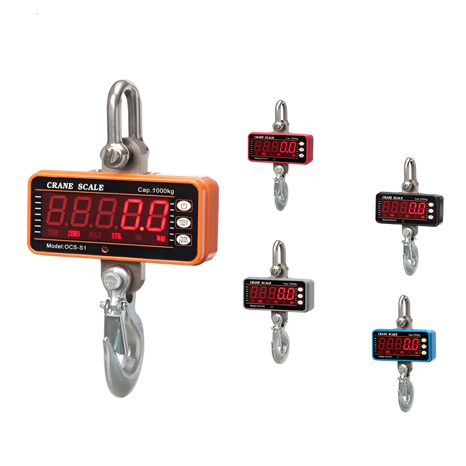 Orange electronic crane scale with digital display for industrial weighing up to 500 kg