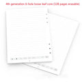 Loose leaf spiral notebook paper refill with 64 pages, metal pen core, and nine ballpoint, pencil, and plastic refills