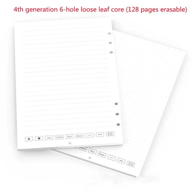 Loose leaf spiral notebook paper refill with 64 pages, metal pen core, and nine ballpoint, pencil, and plastic refills