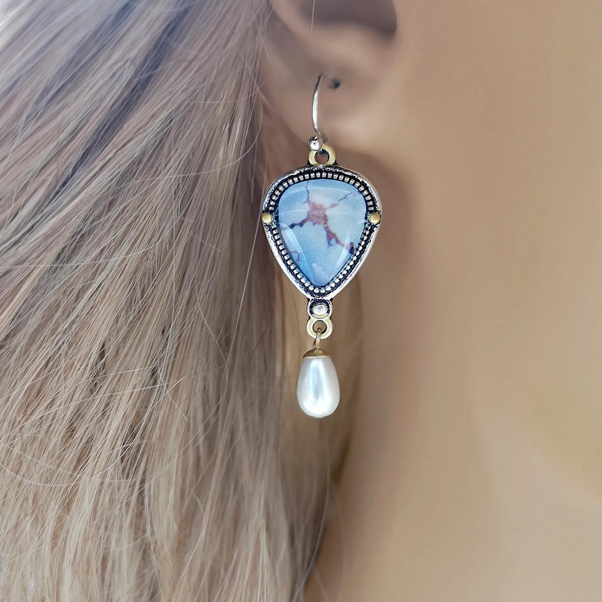 Retro blue drop earrings with geometric design featuring synthetic opal and pearl details