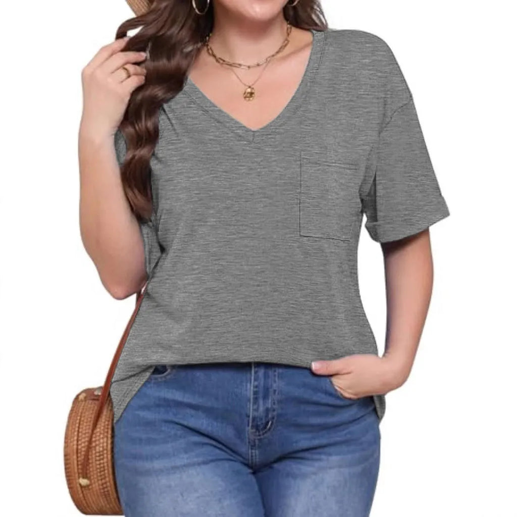 Grey loose-fit V-neck t-shirt with a chest pocket on a hanger.