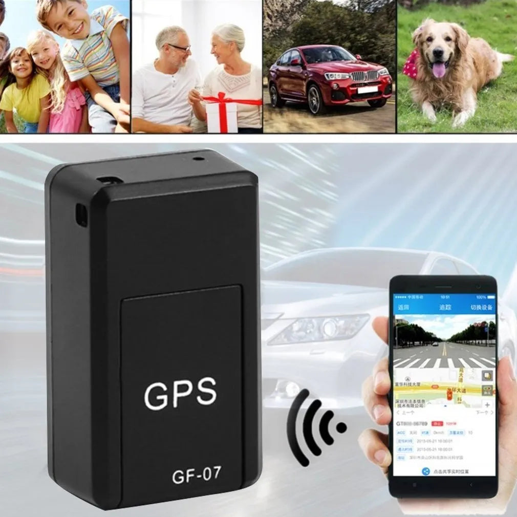Small black magnetic GPS tracker device for cars with a USB charging cable.