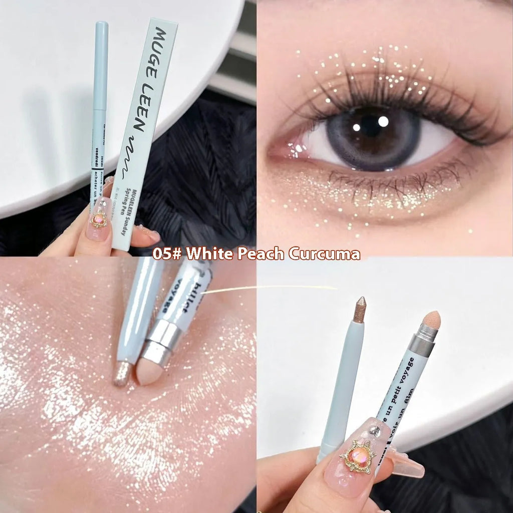 Waterproof eye shadow pen in a display showing its range of 16 colours including beige, pink, gold, and purple.