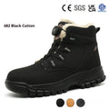 Leather and rubber anti-smashing puncture safety shoes in black, shown in a work environment.