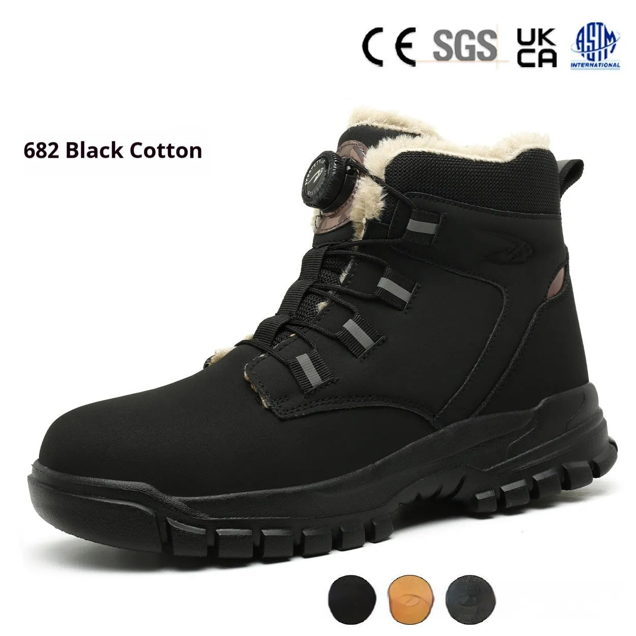 Leather and rubber anti-smashing puncture safety shoes in black, shown in a work environment.