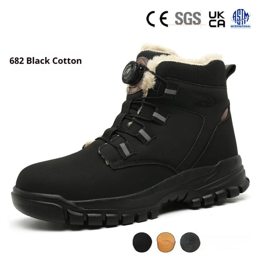 Leather and rubber anti-smashing puncture safety shoes in black, shown in a work environment.
