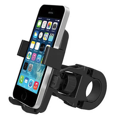 Black ABS plastic bicycle mobile phone holder with a security strap, mounted on handlebars.