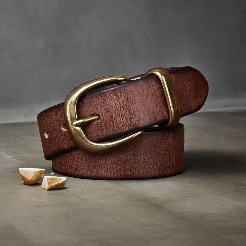 Men's black cattlehide leather belt with copper pin buckle shown at 95-125 cm length.