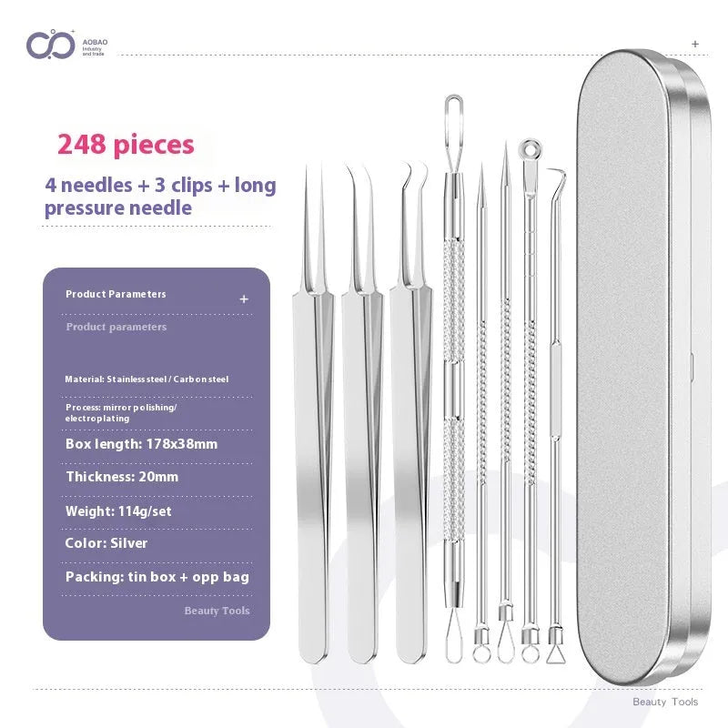 Four silver metal acne needles with ultra-fine pointed tips for skincare treatment.