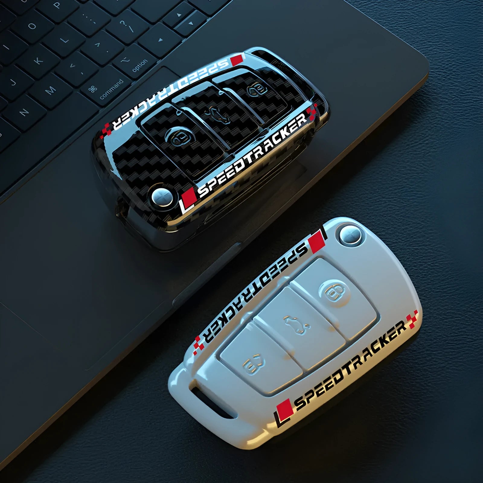 Carbon fibre style car key cover in carbon and white colours with mirror element