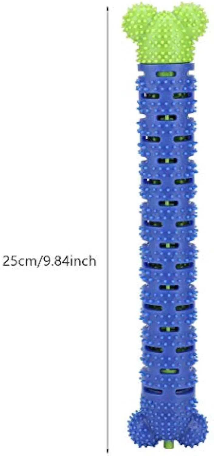 Blue and green dog dental cleaning stick with silicone nodules and serrated brush head design