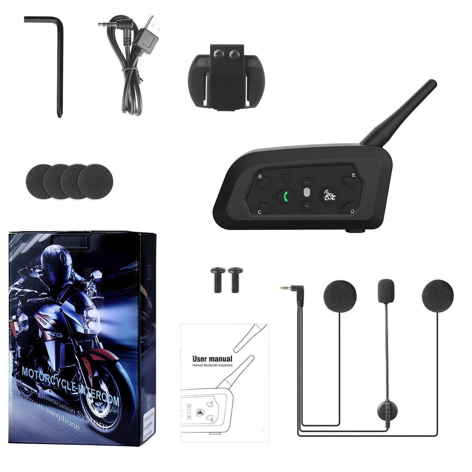 All Five Motorcycle Helmet Bluetooth Intercom V6pro unit with mounting clip and charging cable